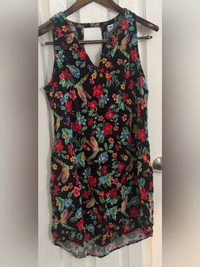 Old Navy Black Floral Bird Print V-Neck Dress